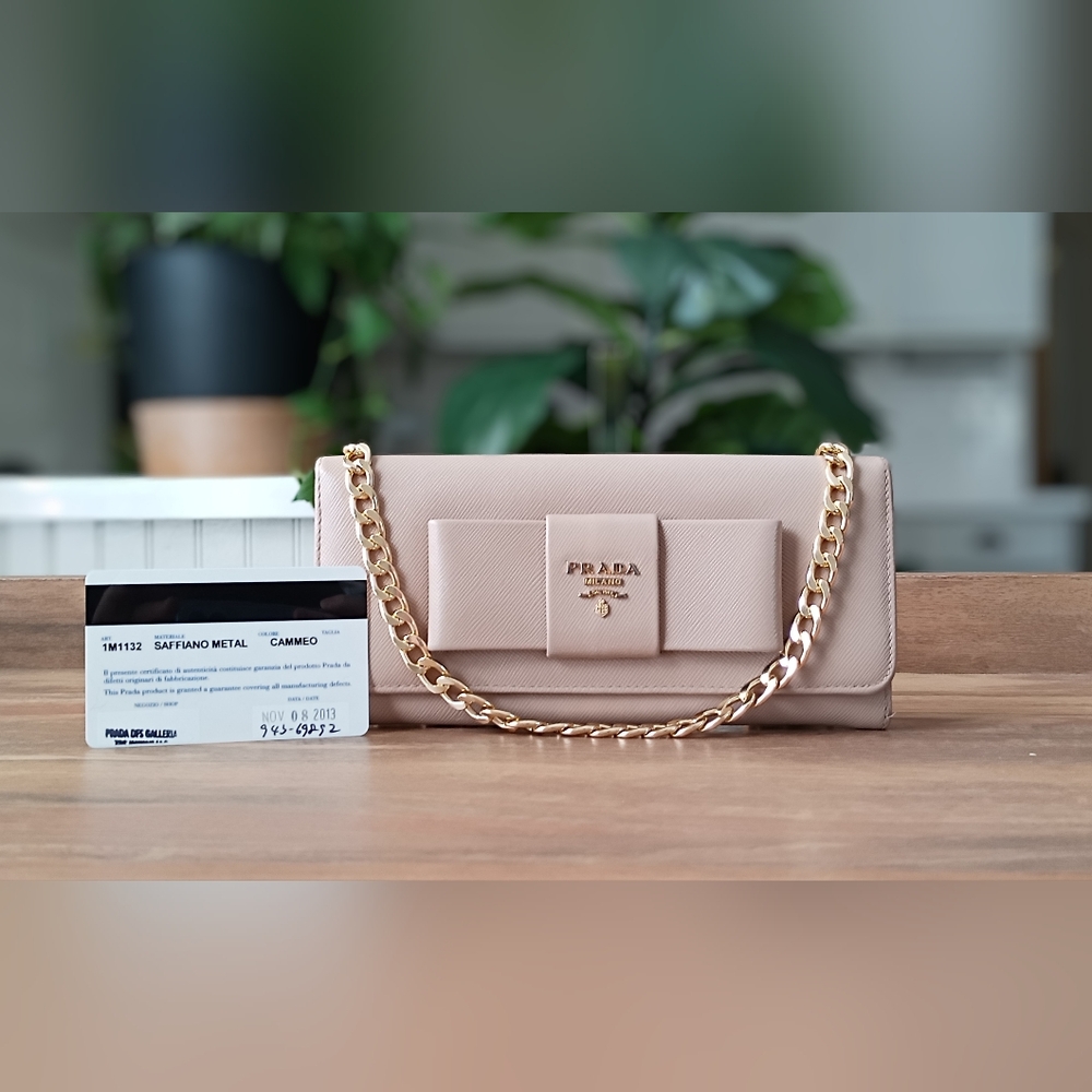 Authentic Prada Cammeo Saffiano Luxe Ribbon Wallet on Chain